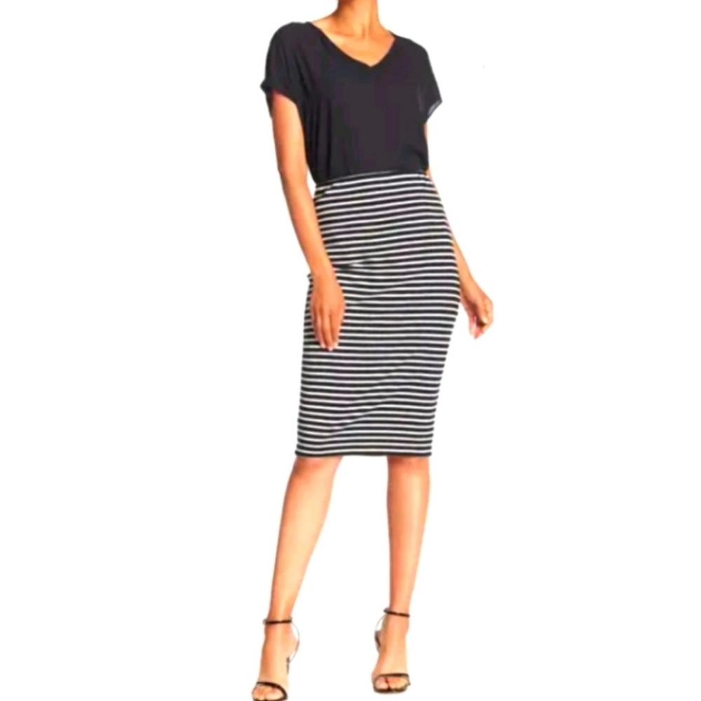 Catherine Malandrino Skirt Black White Striped Pencil Large